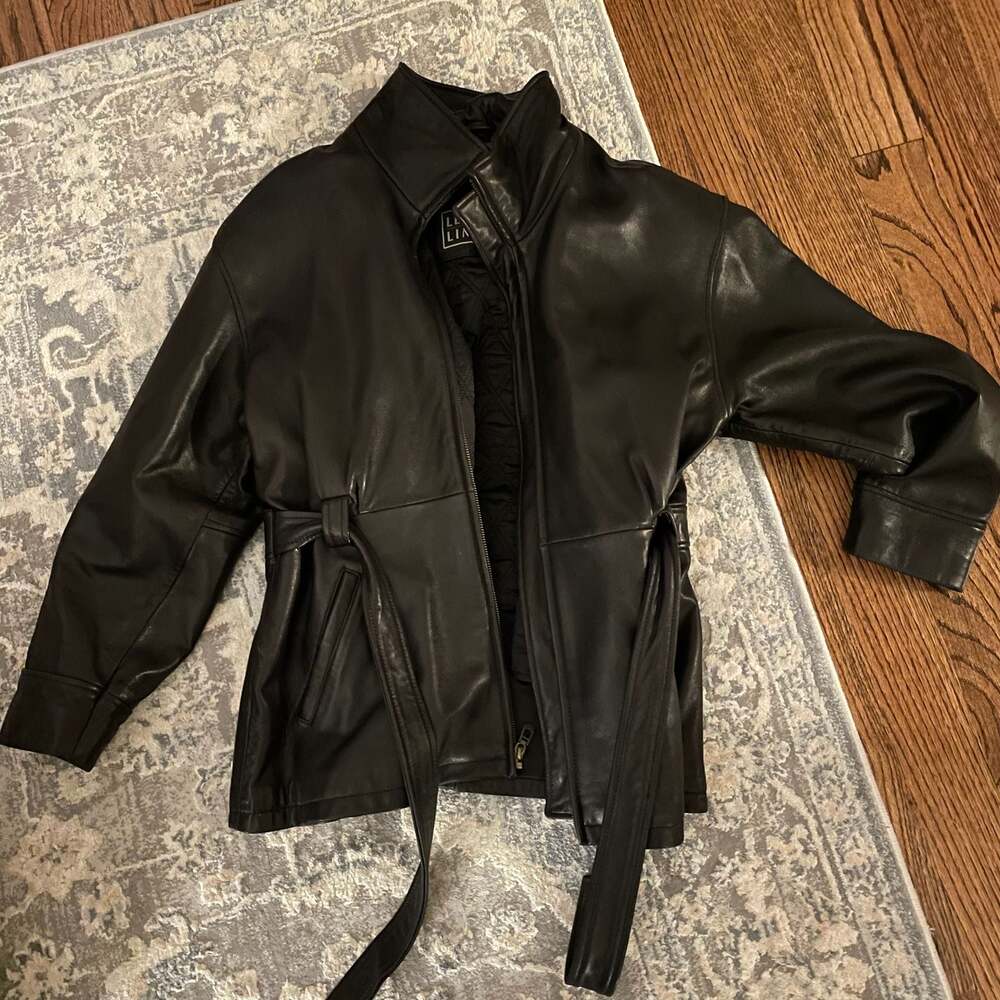 Vintage Leather Limited Brown Black Genuine Leather Belted Jacket Size Large